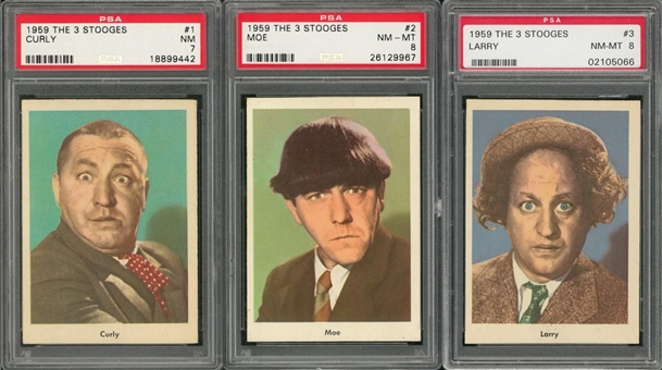 1959 Fleer "Three Stooges" Portrait Cards PSA NM 7 and PSA NM-MT 8 Trio (3 Different) – Including #s 1 Curly, 2 Moe and 3 Larry